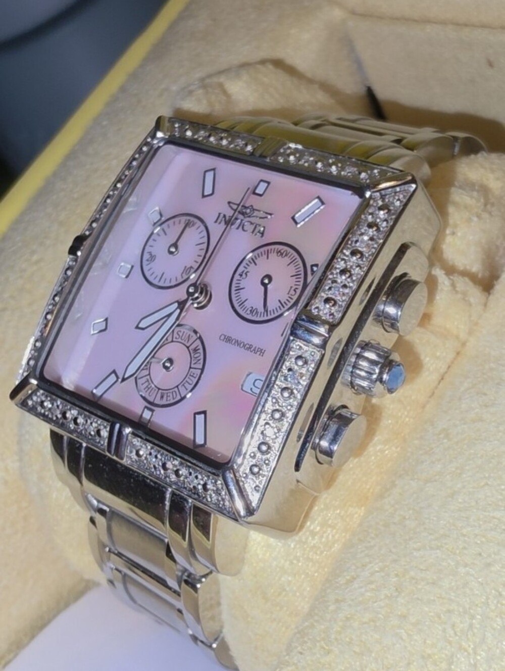 Pink Women's Square Invicta Watch Day Date Chronograph Timer Mother of Pearl
